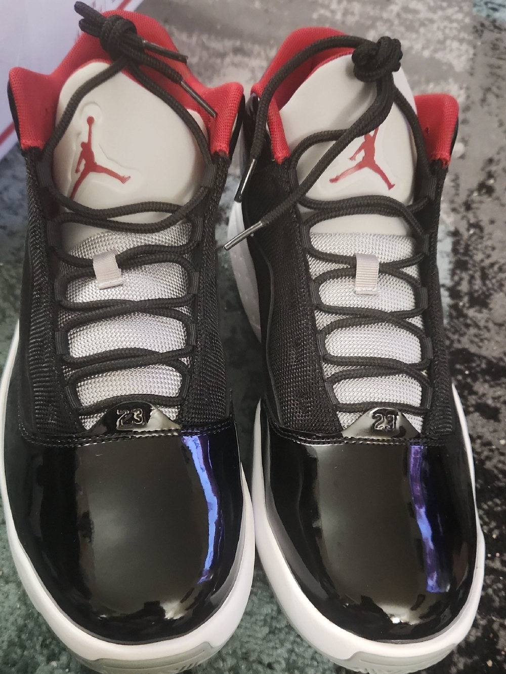 New Jordan Black/White/Red Patent Leather Low Sneakers